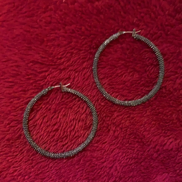 1.5” Hoop Earrings Black W/Small Rhinestones, EUC - Picture 2 of 8